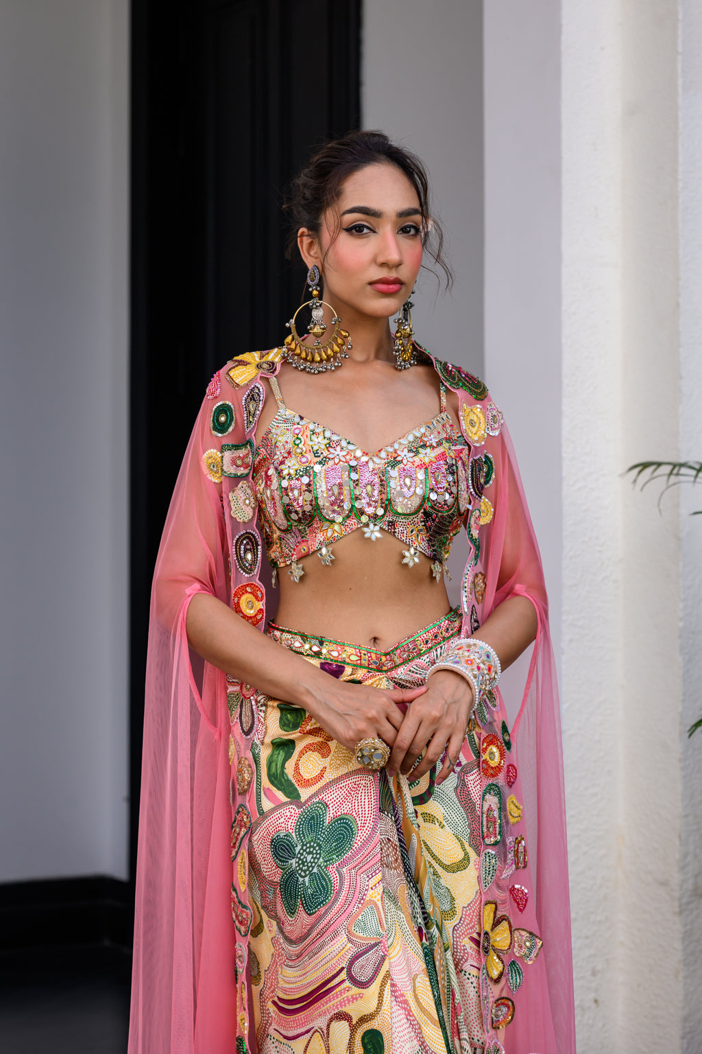 Flora Highlight Bralette Paidawn With Dhoti Skirt And Applique Cape Set - L image
