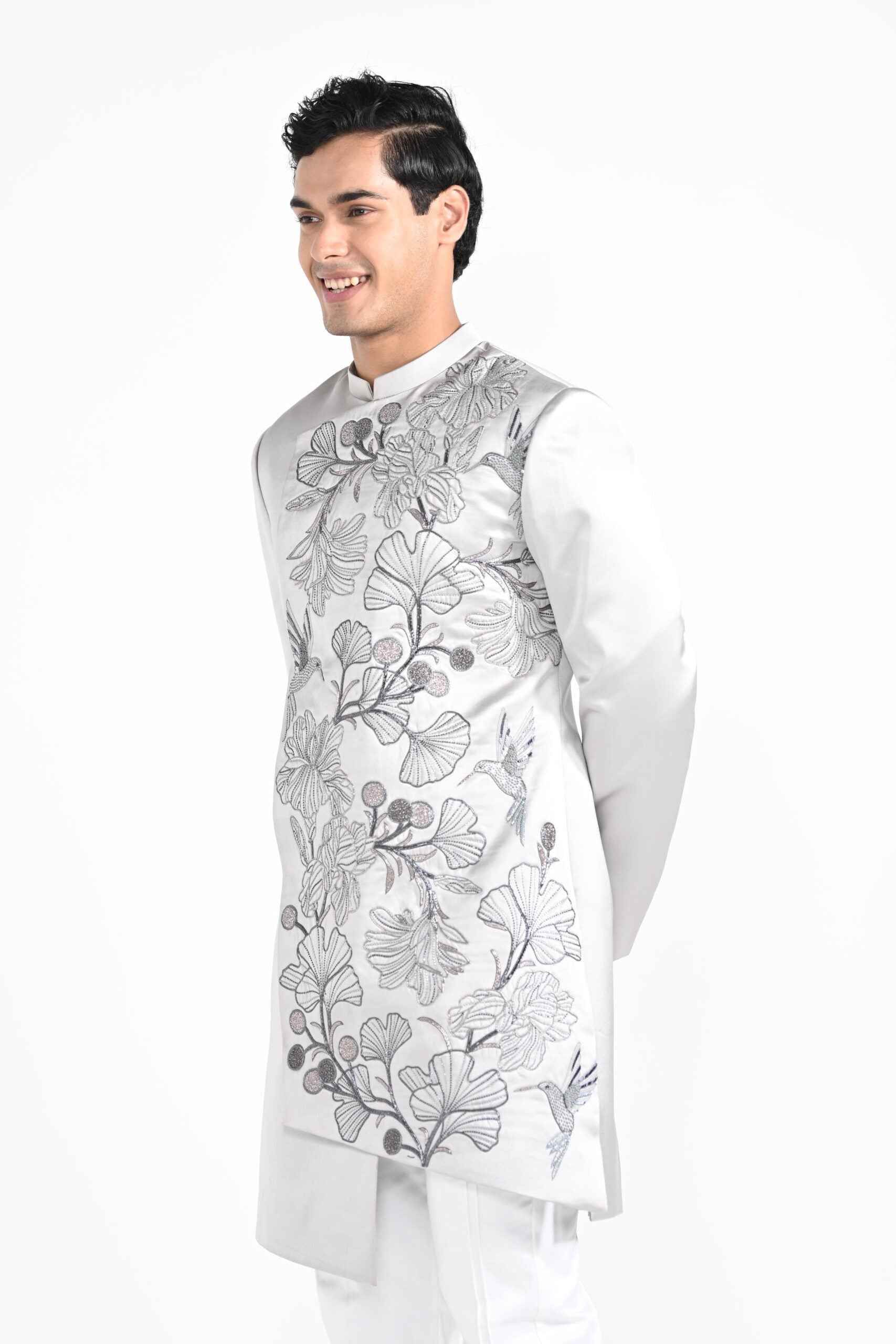 Barely Grey Satin Achkan Set image 7