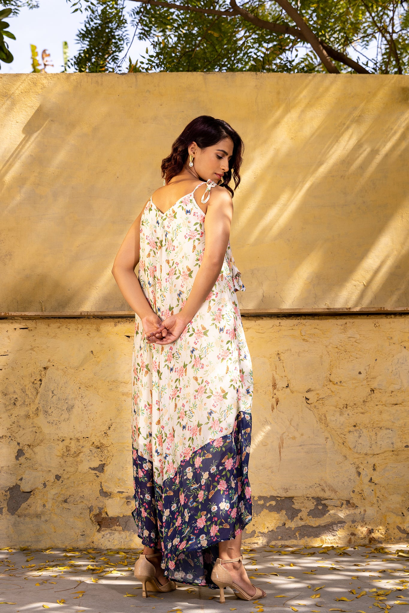 Off-White &amp; Navy Blue Georgette Crepe Printed Jumpsuit image 1