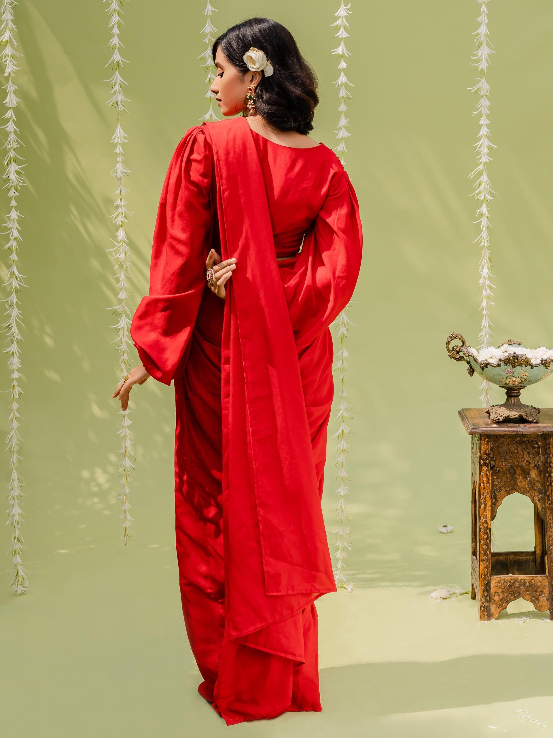 Hot Red Pre Draped Saree Set image 4