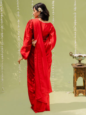 Hot Red Pre Draped Saree Set image 4