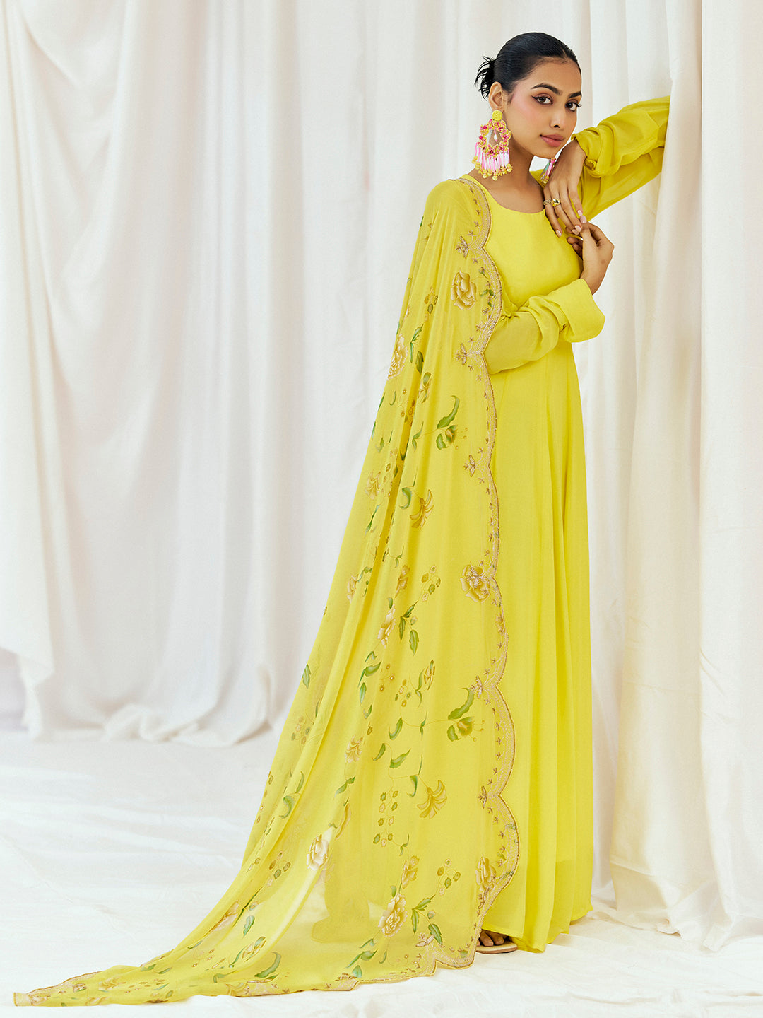 Bright Yellow Printed Embroidered Anarkali Set with Dupatta image 4