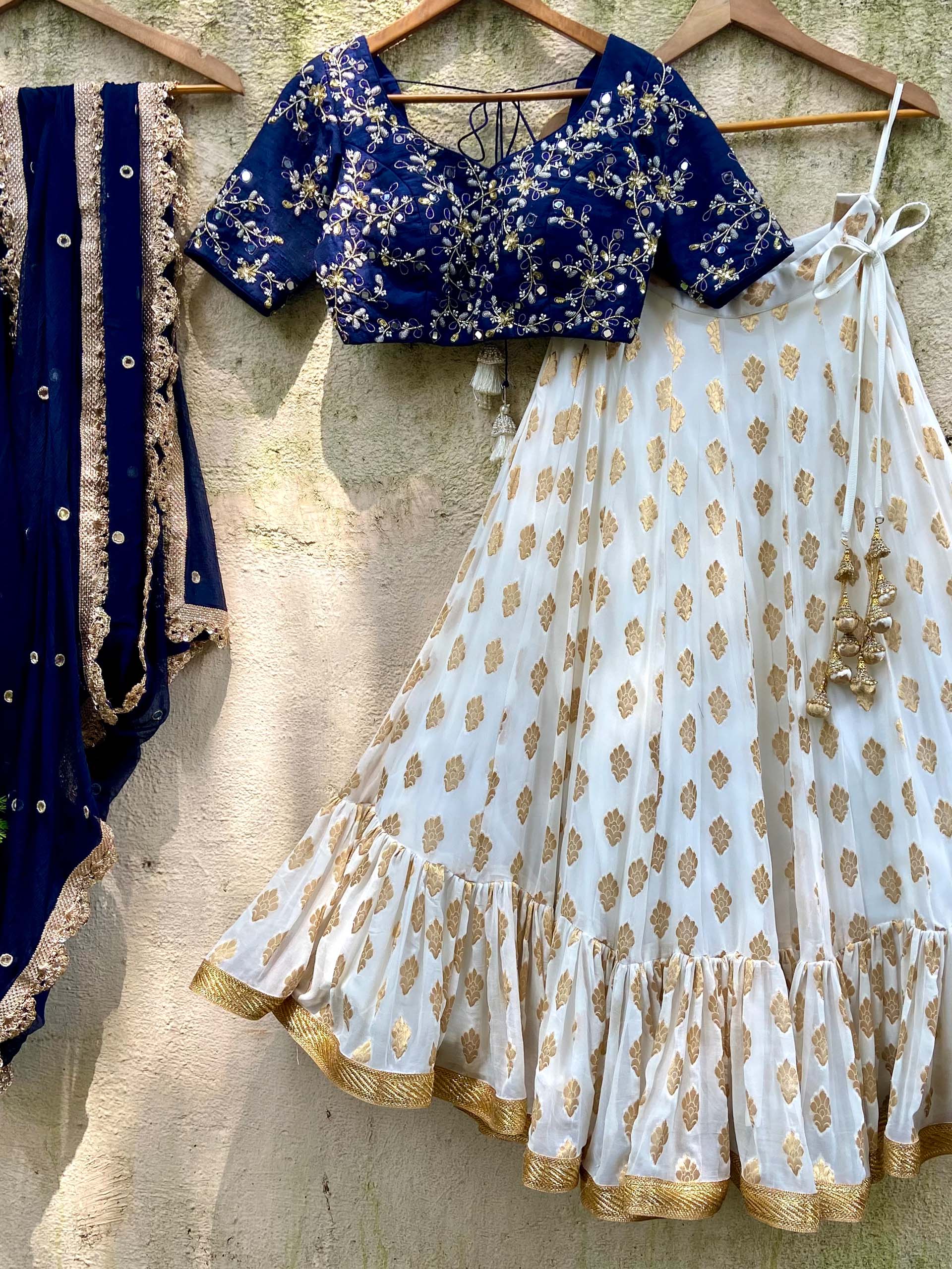 Navy Blue and Ivory Zari Lehenga Set image 0