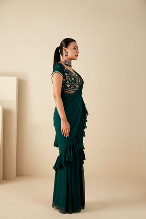 Green Georgette Crepe Ruffle Pant Saree image 3
