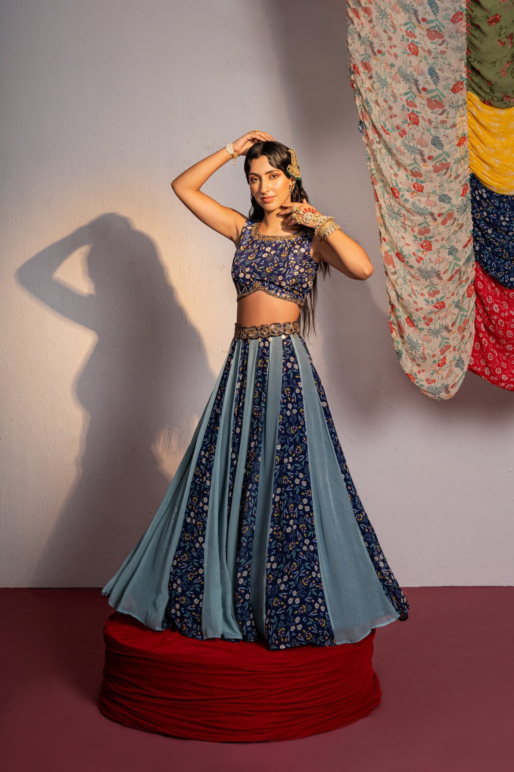 Royal Blue Printed and Embroidered Lehenga Set image 6