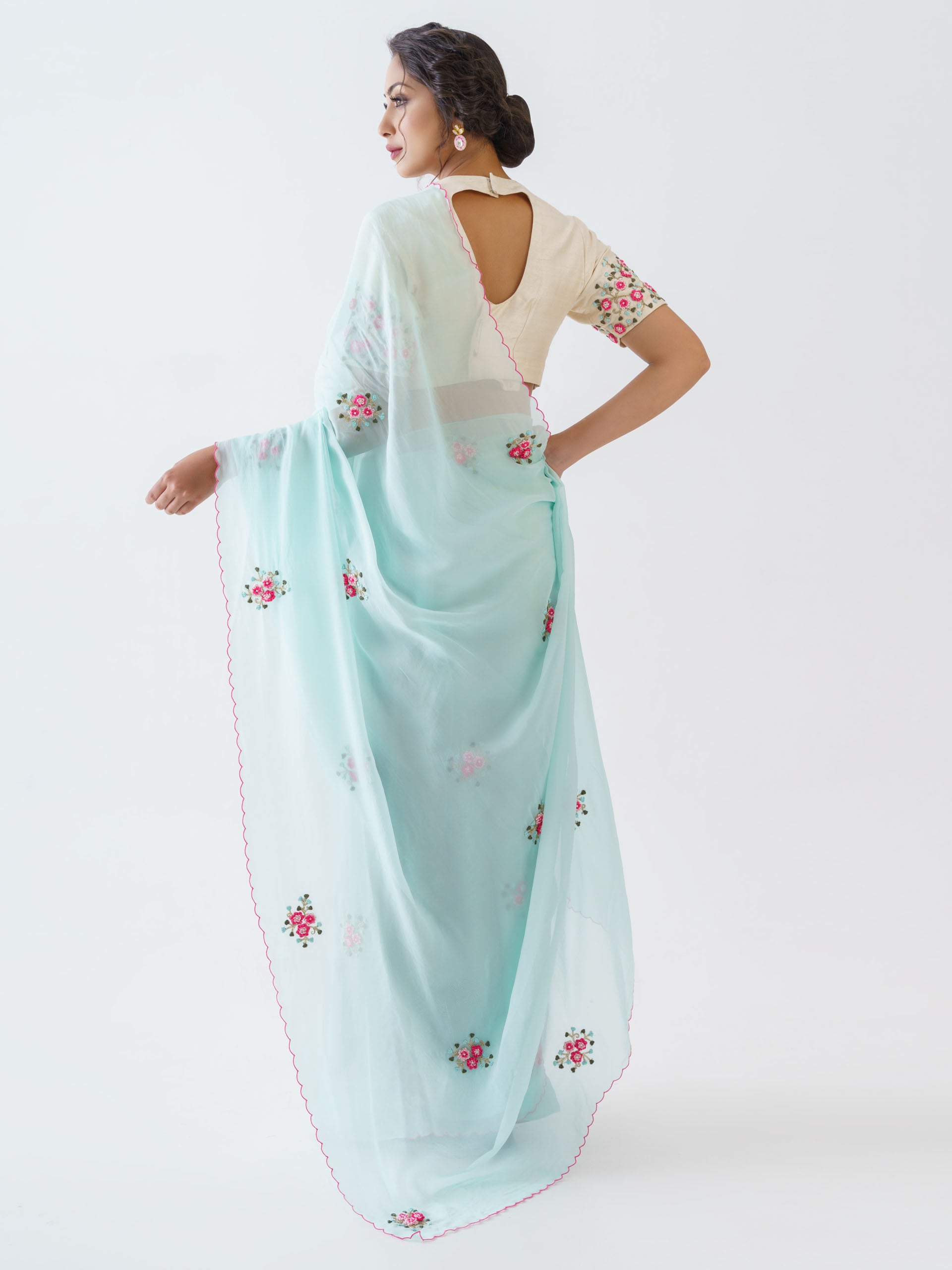Light Blue Floral Saree Set image 1