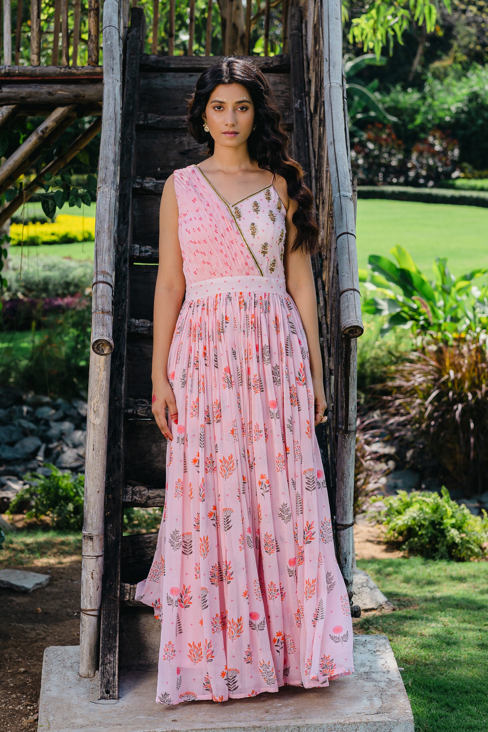 Blush Pink Floral Printed Embroidered Gown image 5