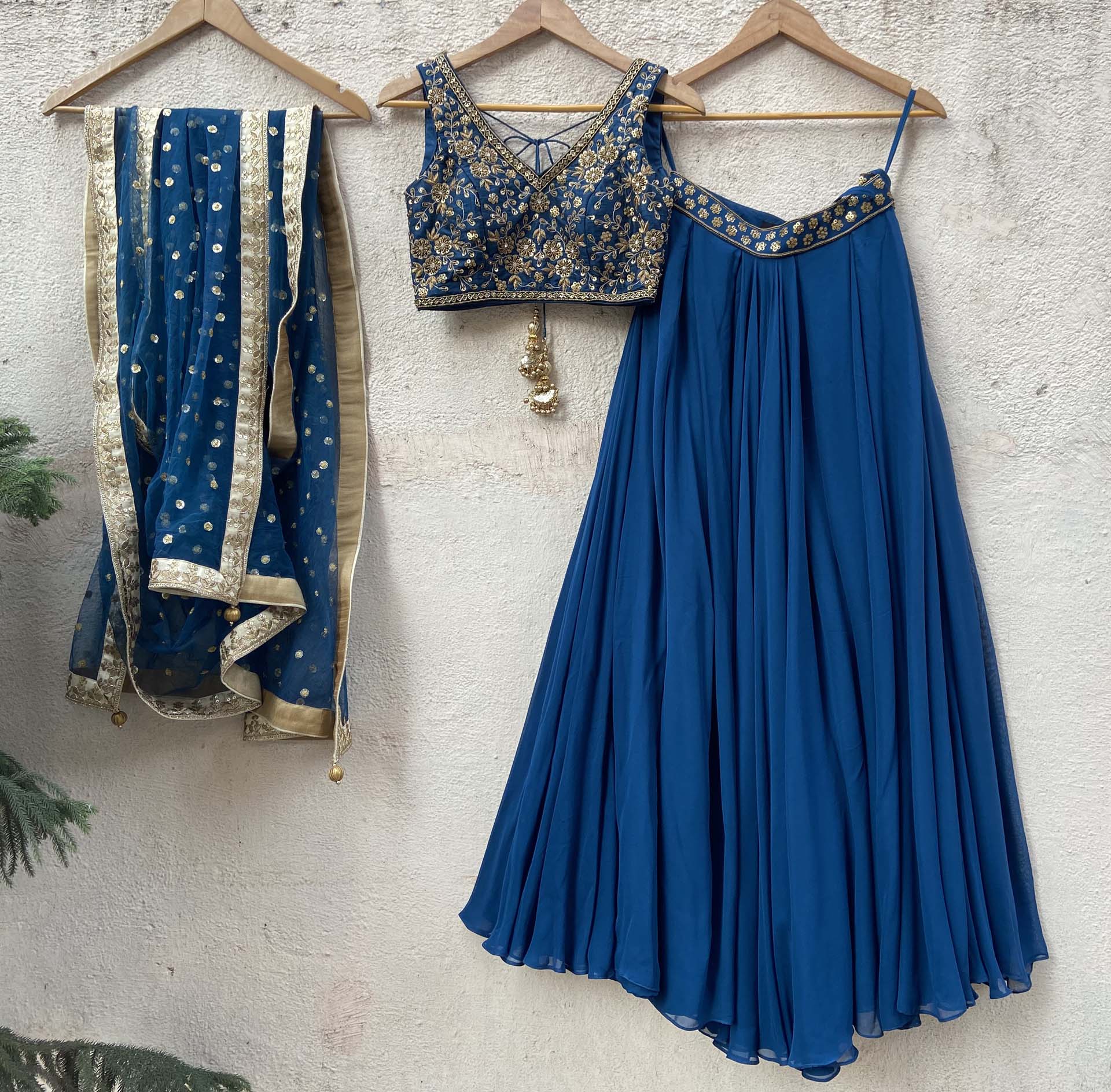 Teal Georgette Embroidered Lehenga Set image 0
