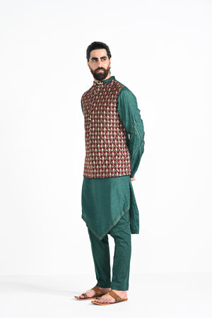Bottle Green Jhaal Work Nehru with Zari Stitchline Detail Kurta Set image 10