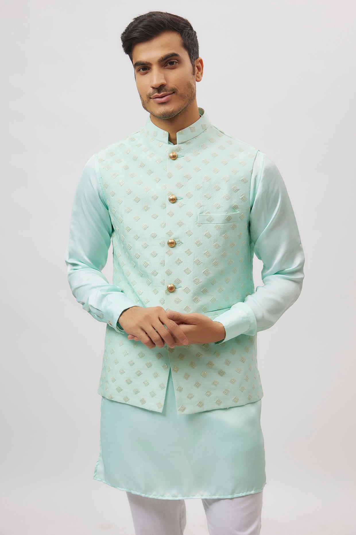 Mint Green Embroidered Nehru Jacket image 1