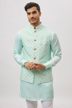 Mint Green Embroidered Nehru Jacket image 1