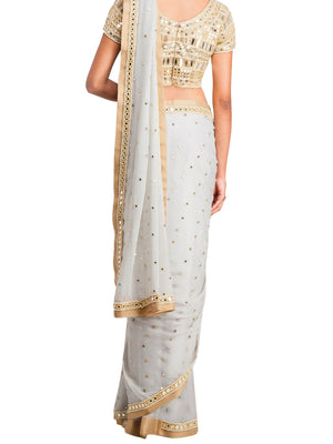 Shimmer Gray Mirror Work Saree with Blouse image 3