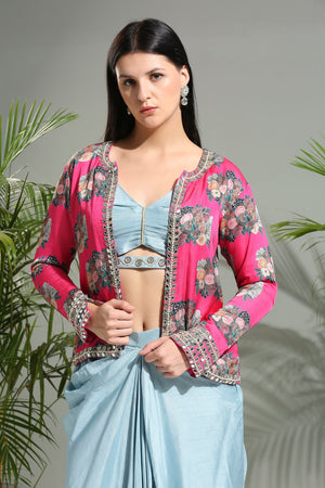 Grey Top and Skirt Set With Fuchsia Jacket image 7
