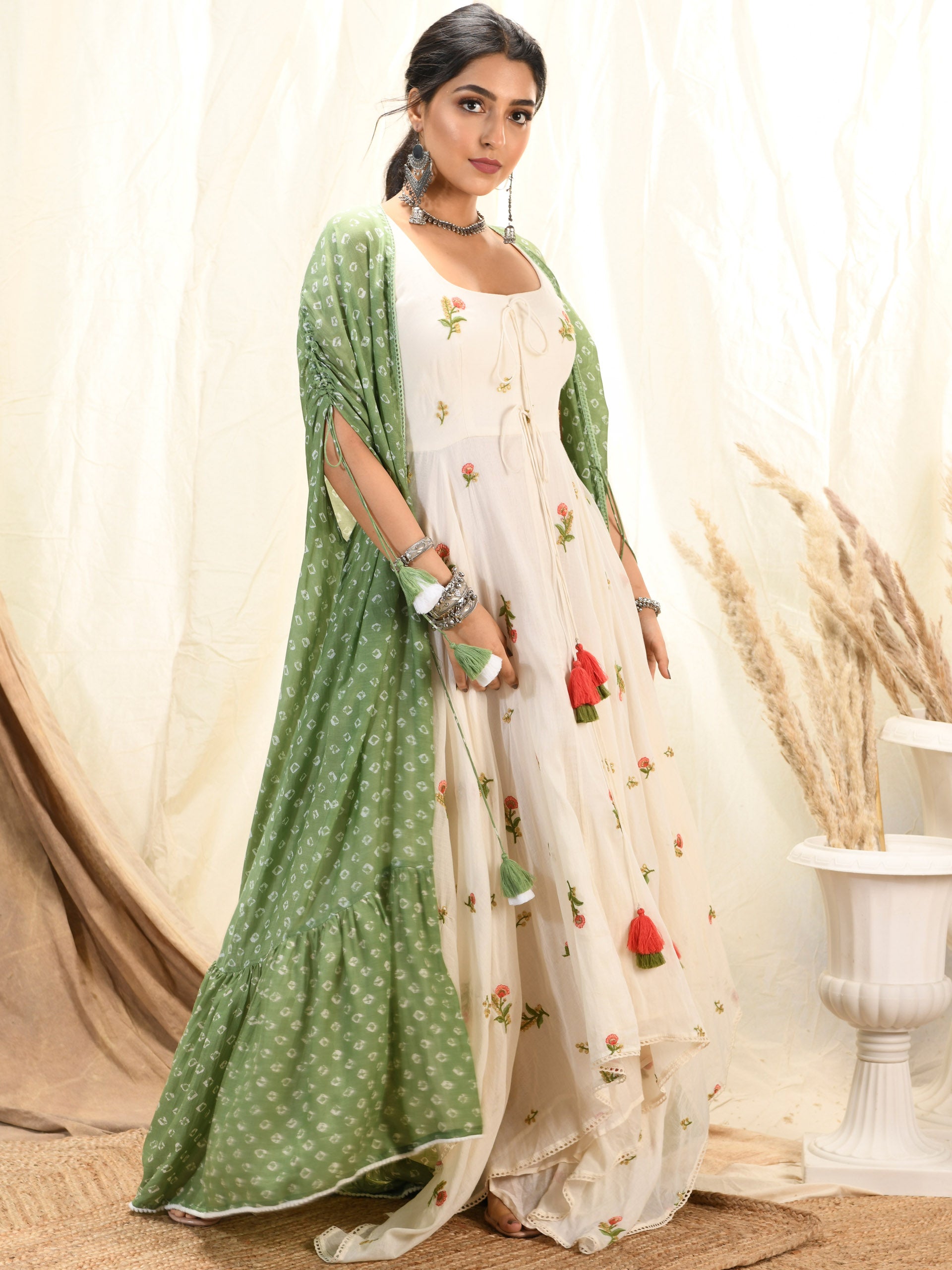 Olive Bandhni Kurta and Cape Set image 6