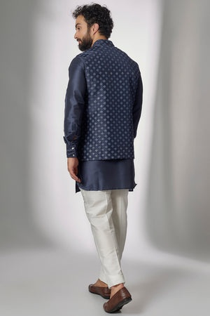 Navy Embroidered Nehru Jacket with Kurta Set image 2