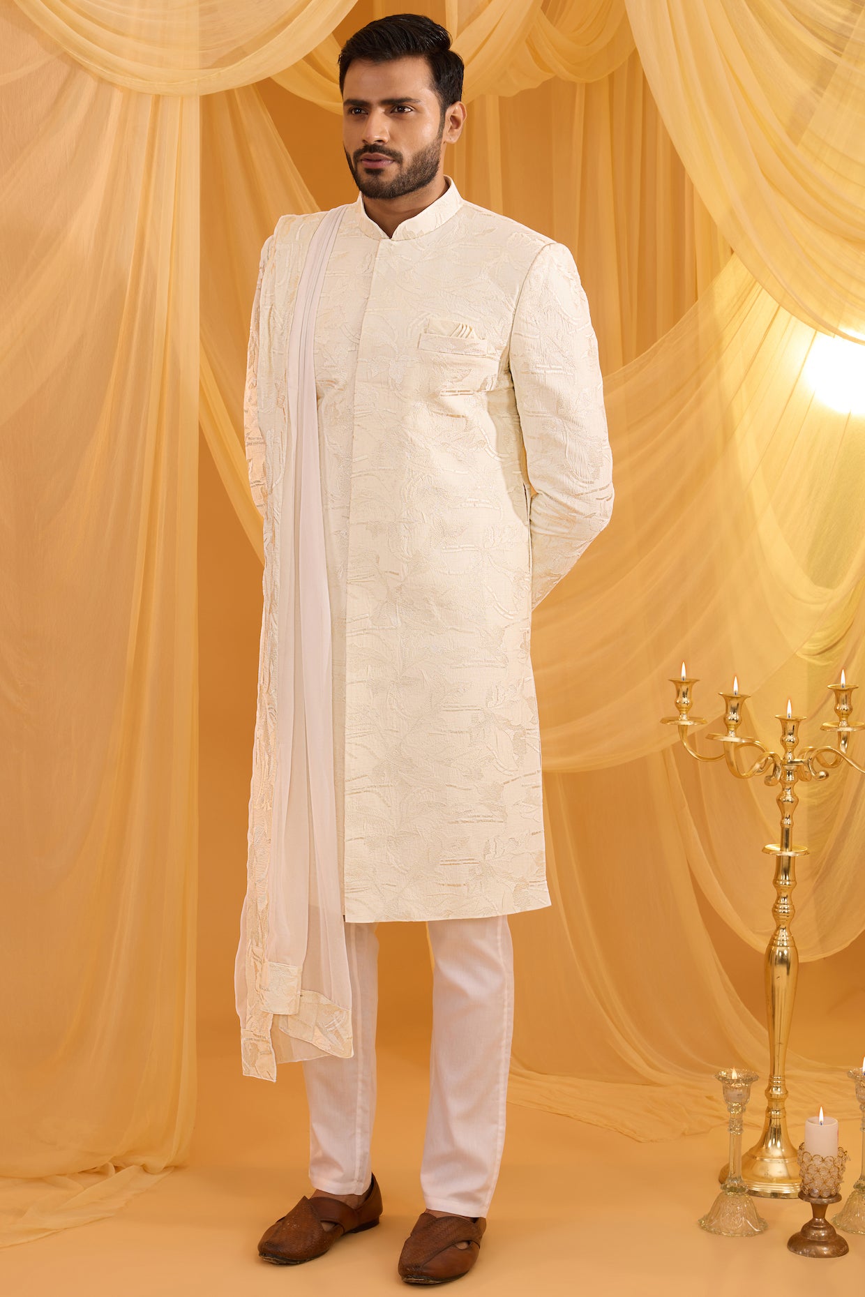White Floral Embroidered Sherwani Set image 3