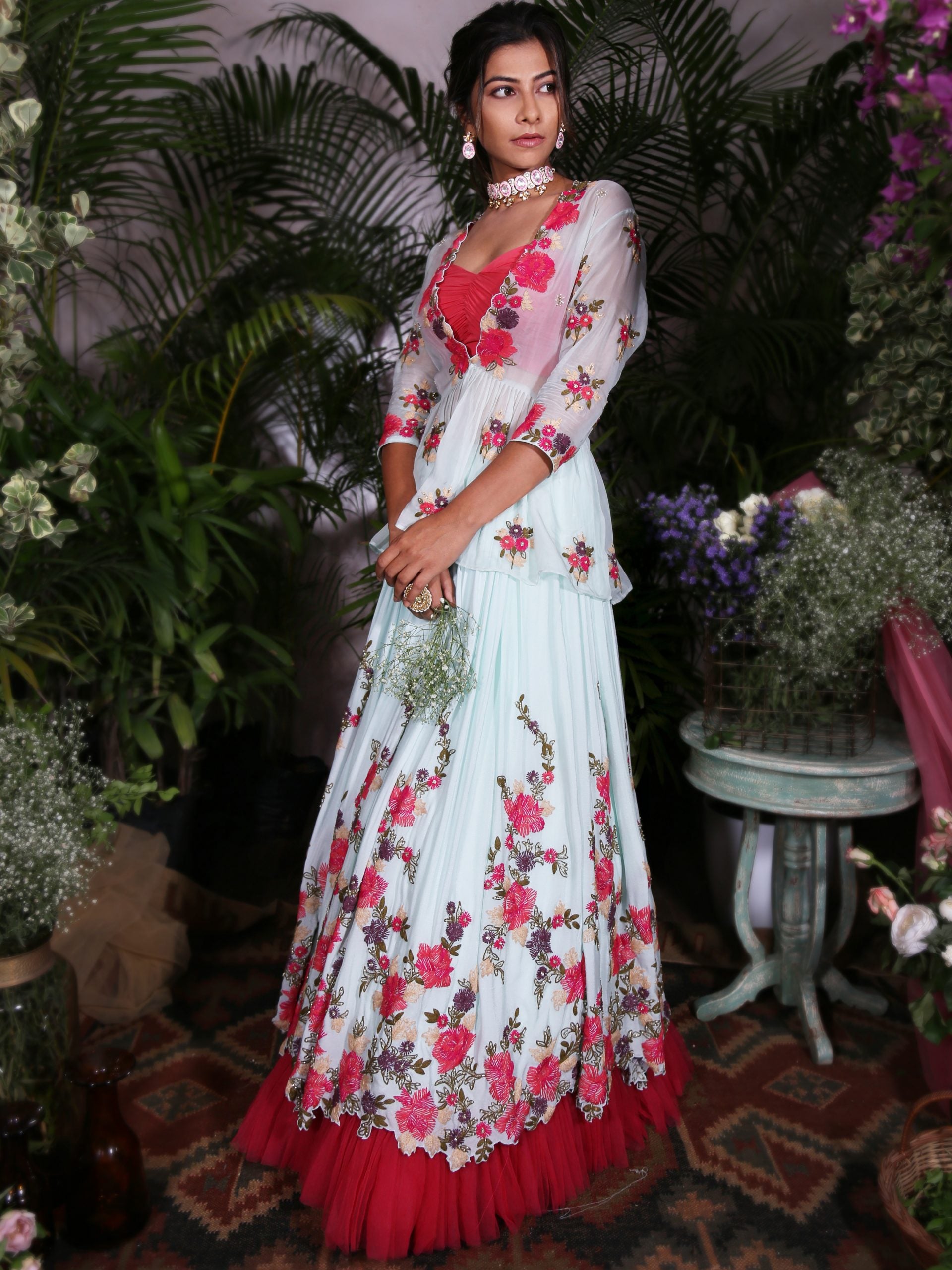 Pink Blouse with Powder Blue Lehenga - S image
