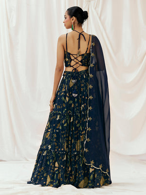 Navy Blue Printed Embroidered Lehenga Set with Dupatta image 5