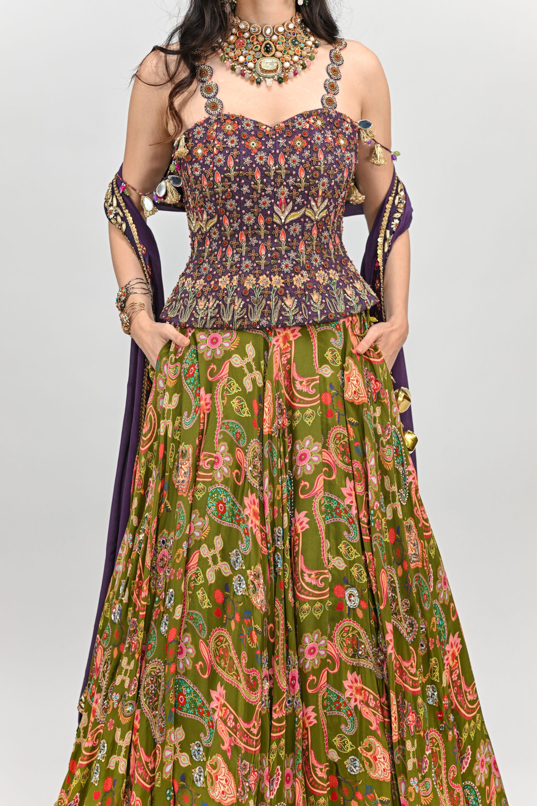 Olive Highlihted Lehenga Paired With Plum Embroidered Badla Corset (with dupatta) image 3