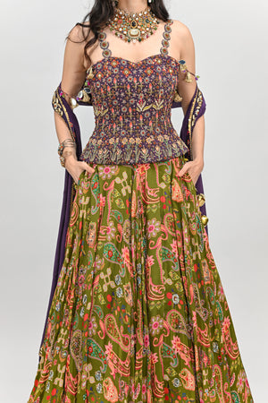 Olive Highlihted Lehenga Paired With Plum Embroidered Badla Corset (with dupatta) image 3