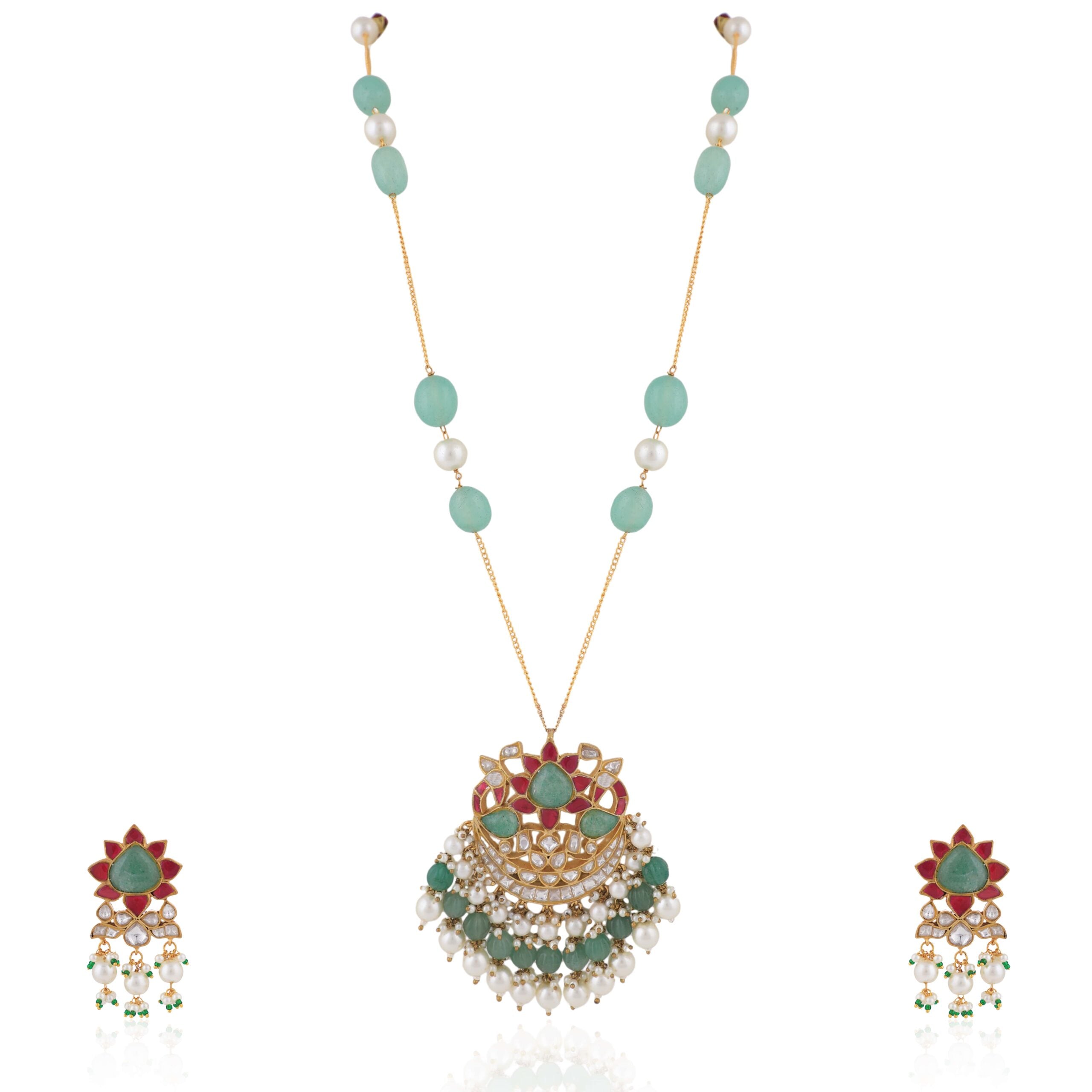 Pink And Sea Green Carved Melon Pendant Necklace Set image 0