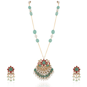 Pink And Sea Green Carved Melon Pendant Necklace Set image 0