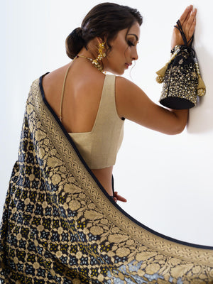 Royal Black Banarasi Bandhani Saree Set image 3