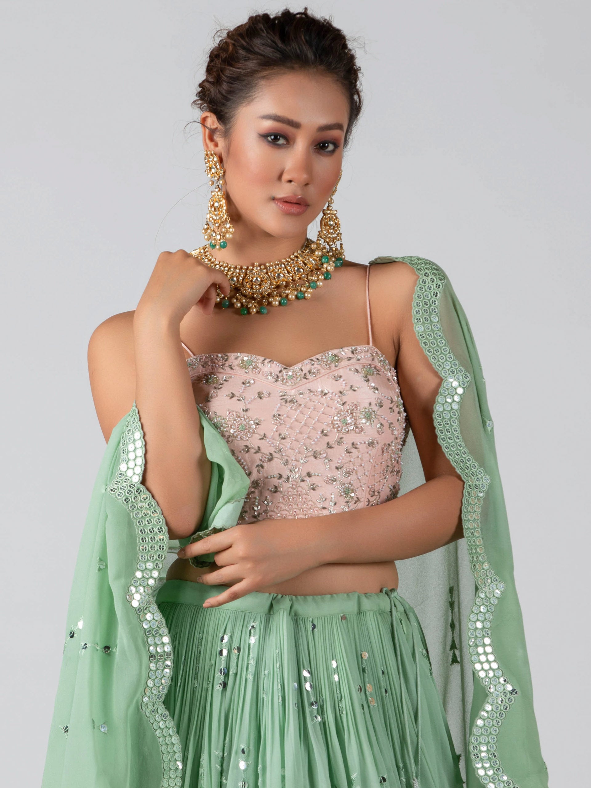 Light Pink and Green Shimmer Lehenga Set image 2