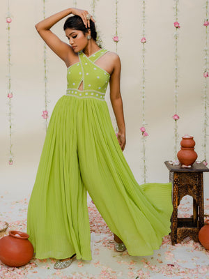 Lime Green Embroidered Jumpsuit image 0