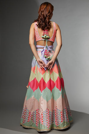 Multi Colored Woven Fabric Embroidered Lehenga Set image 3