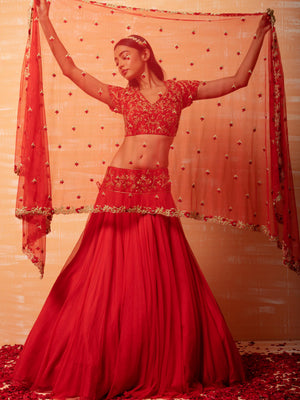Red Bridal Net Lehenga Set image 4