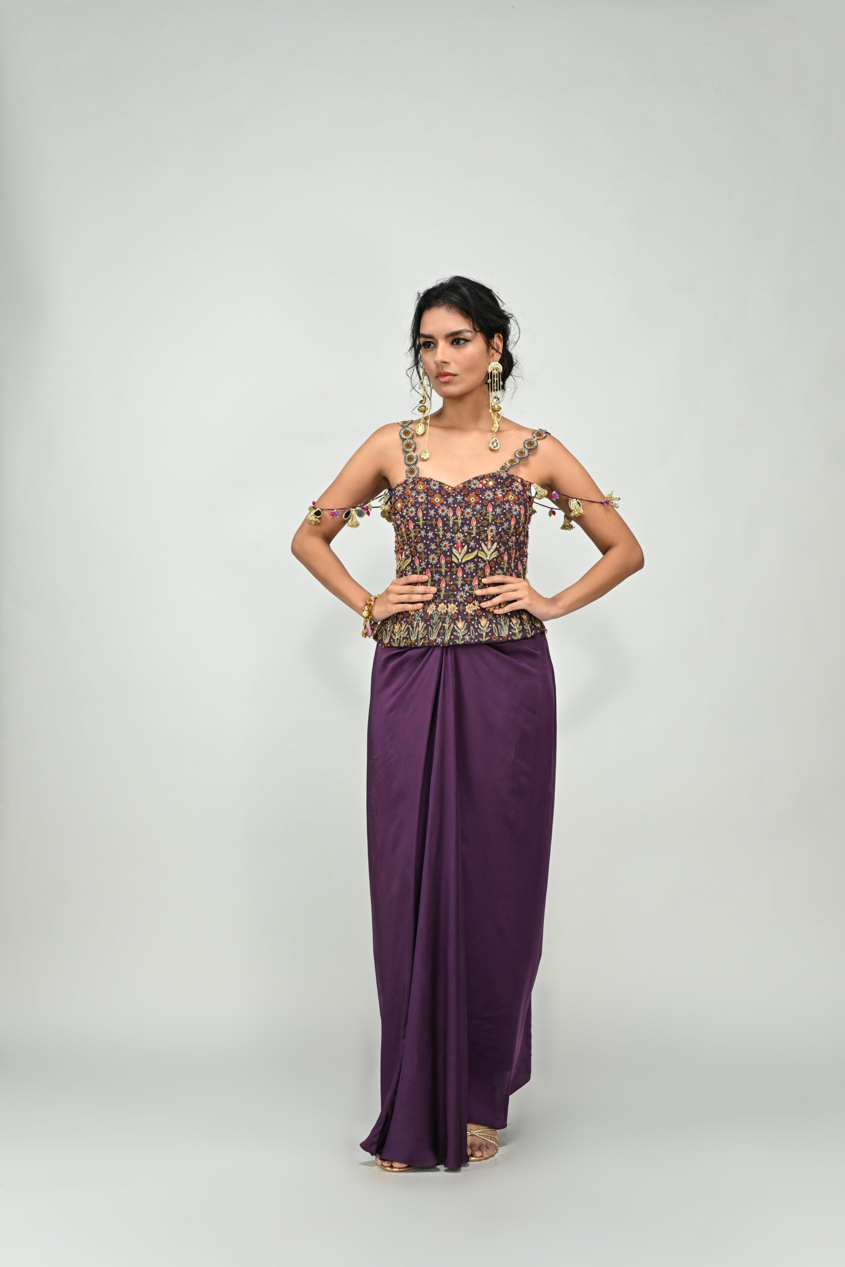 Plum Highlighted Badla Corset Skirt Set image 4