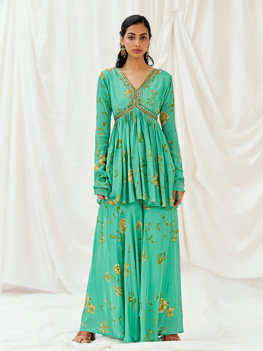 Turquoise Blue Printed Embroidered Peplum Sharara Set image 1