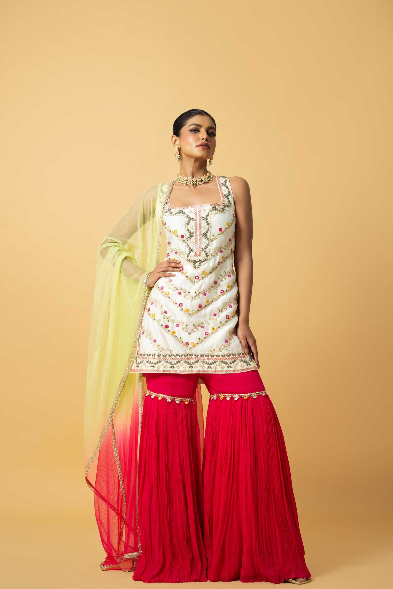 Ivory Chanderi Silk Kurta Fuschia Pink Georgette Sharara image 3