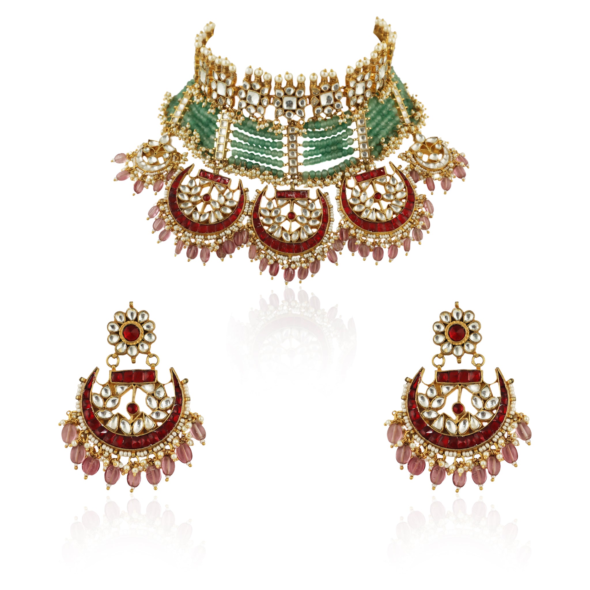 Sea Green Motiwork With Red Bridal Necklace Set image 0