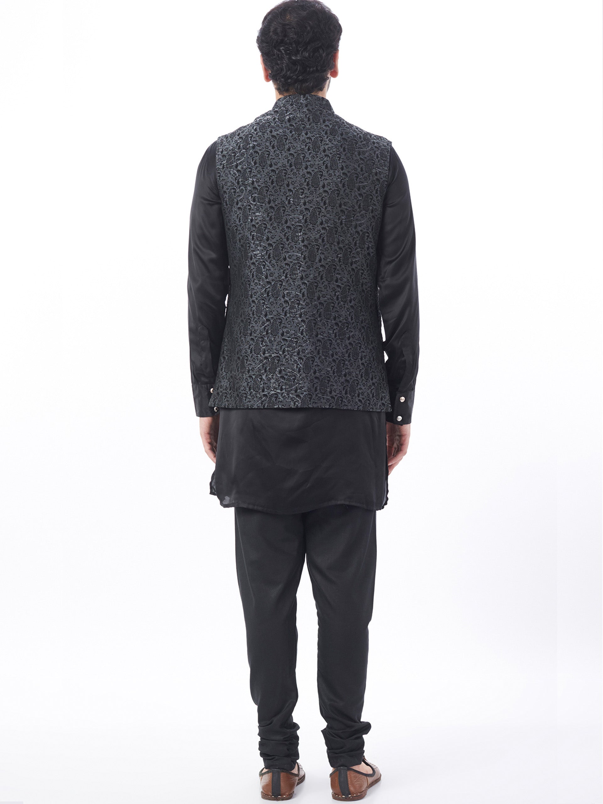 Black Brocade Bundi Jacket Set image 2