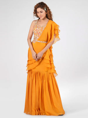 Pre Drape Yellow Saree Set - Custom image