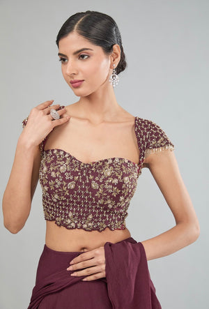 Wine Pre-Drape Saree image 2