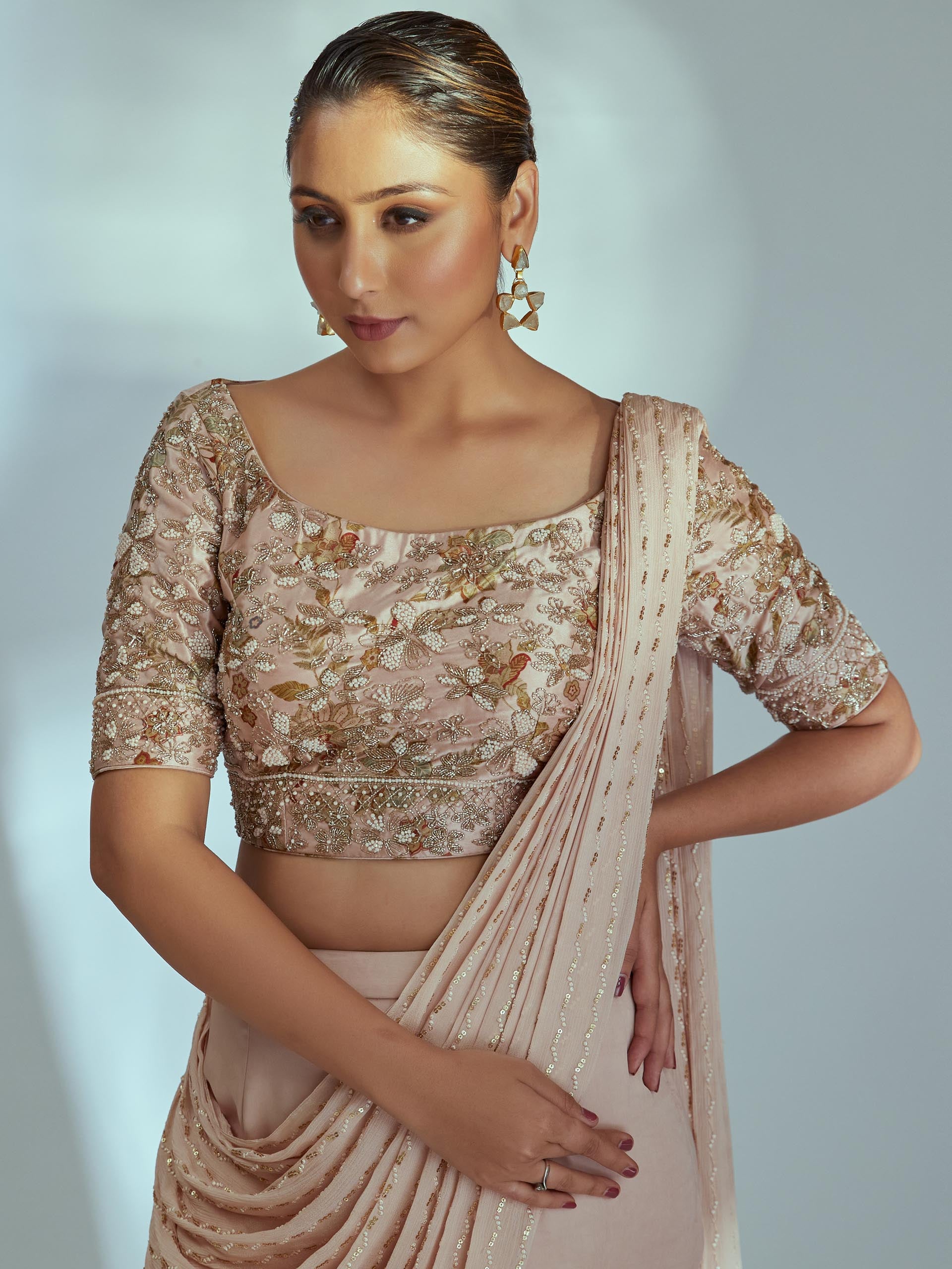 Nude Embroidered Pre Draped Dupatta Set image 1