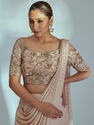 Nude Embroidered Pre Draped Dupatta Set image 1