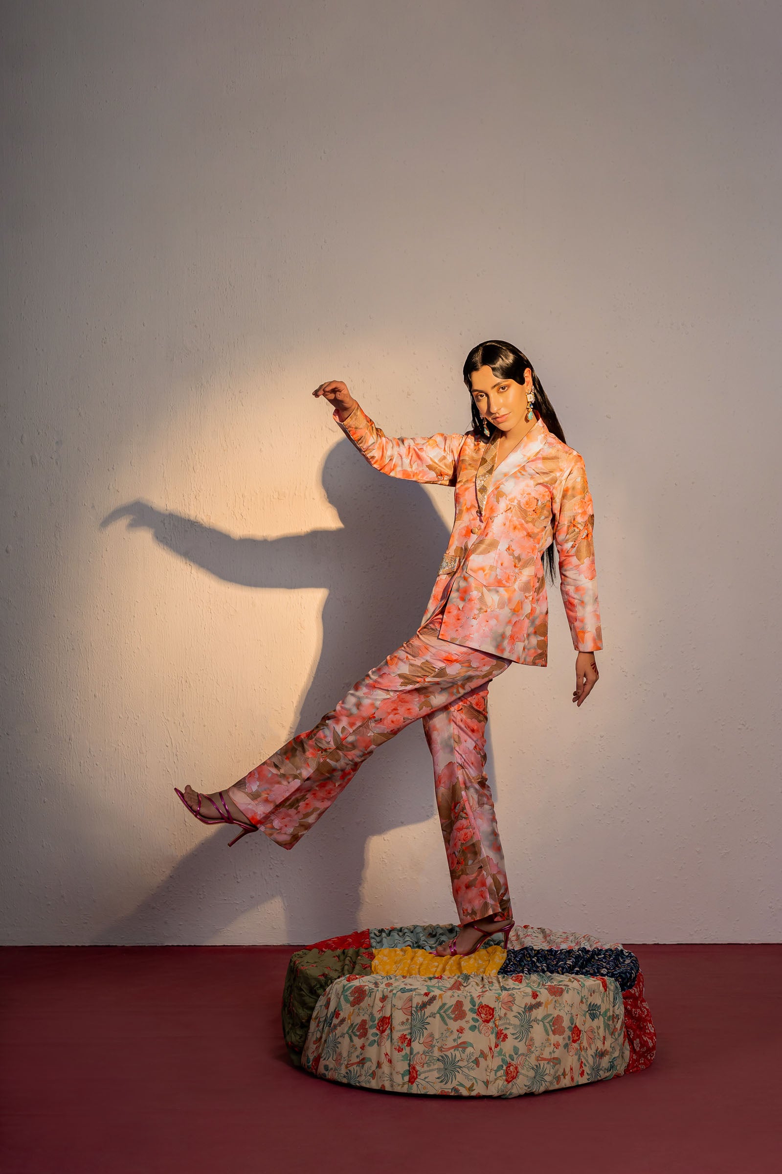 Coral Pink Print And Embroidered Blazer Suit Set image 5