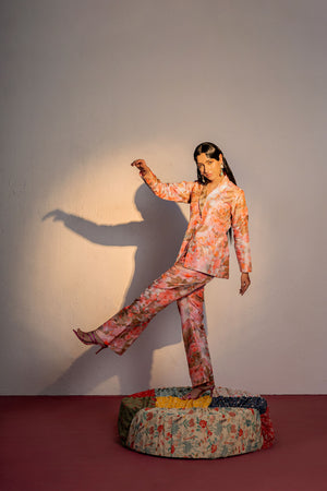 Coral Pink Print And Embroidered Blazer Suit Set image 5
