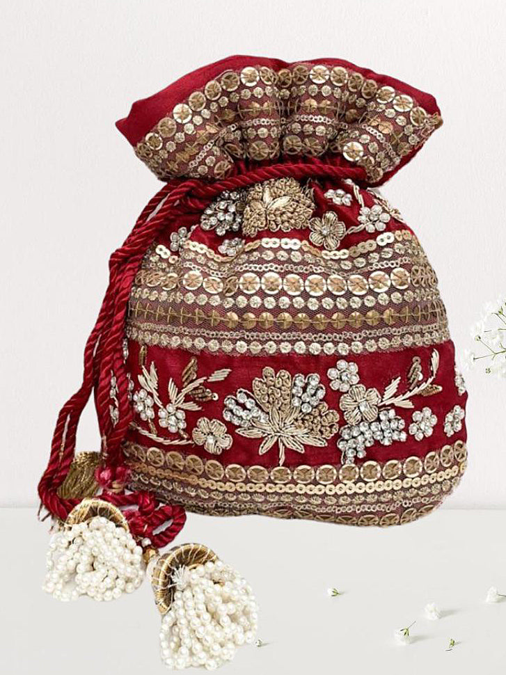 Red Potli Bag with White Pearl Tassels image 0