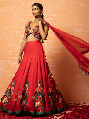 Red Bridal 3D Lehenga Set - XS image