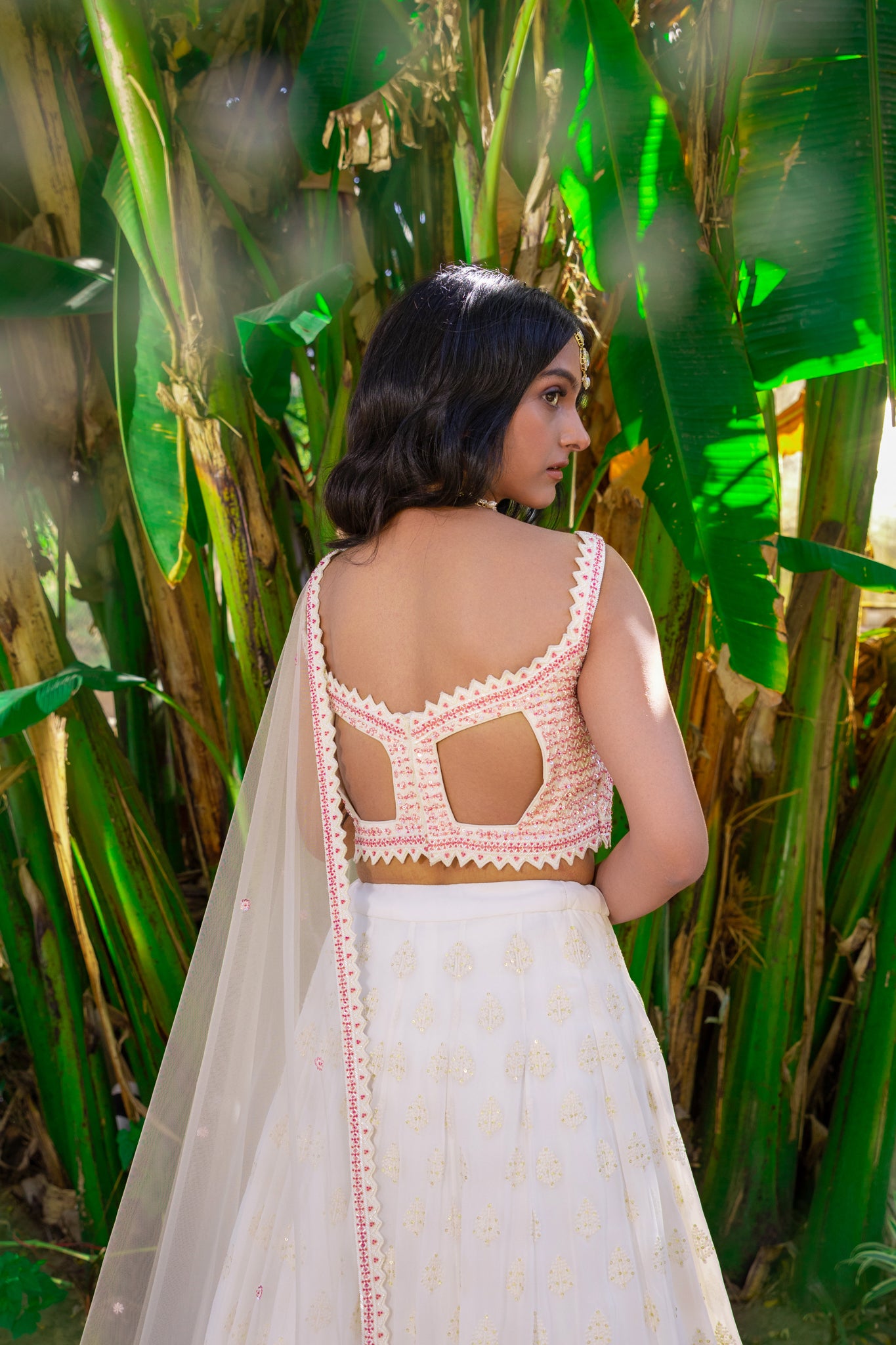 White &amp; Pink Georgette Thread Embroidered Lehenga Set image 4