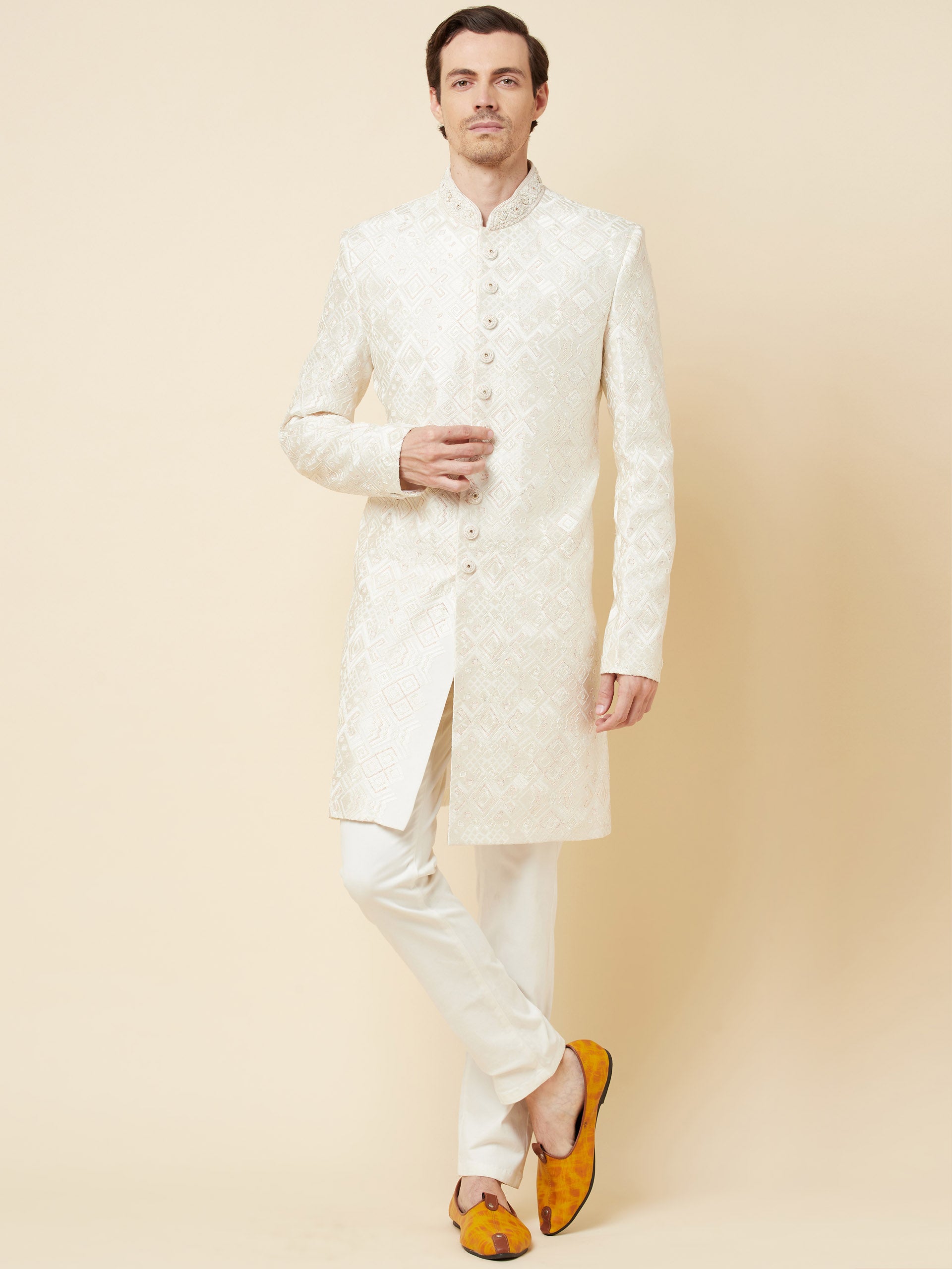 Classic White Embroidered Sherwani Set - XL image