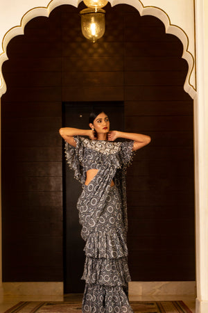 Blue Printed Skirt Saree Set image 6