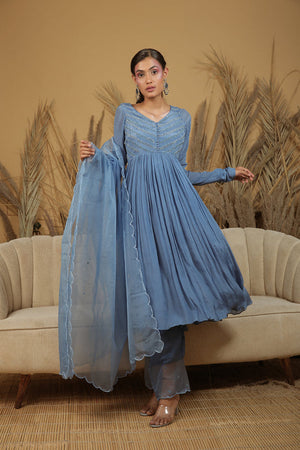 Bright Cobalt Blue Hand Embroidered Anarkali Set - XL image