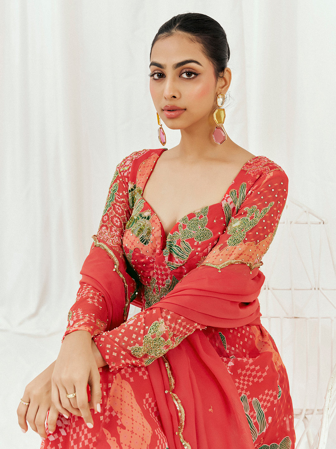 Red Printed Embroidered Anarkali Set with Dupatta image 2