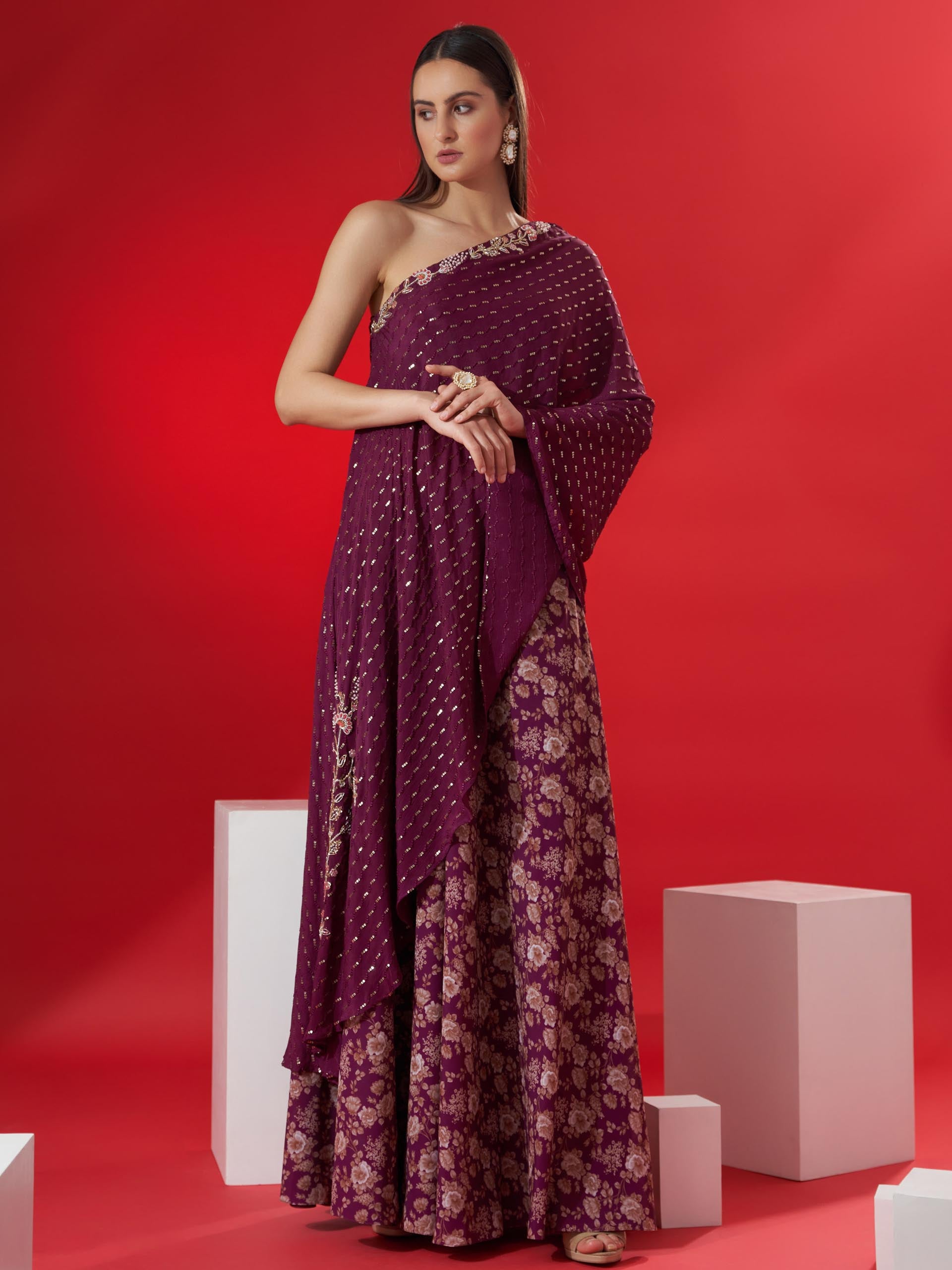 Wine Floral Print Kaftan Set - M image